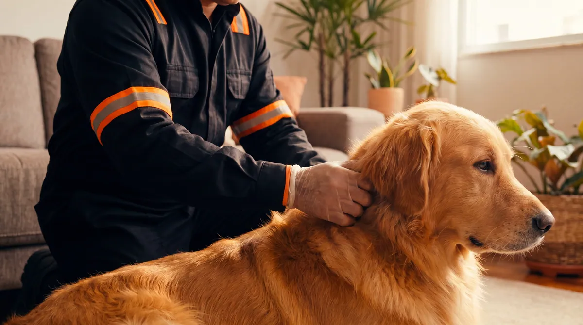 Técnico Cupinsect examinando cachorro — tratamento pet-friendly