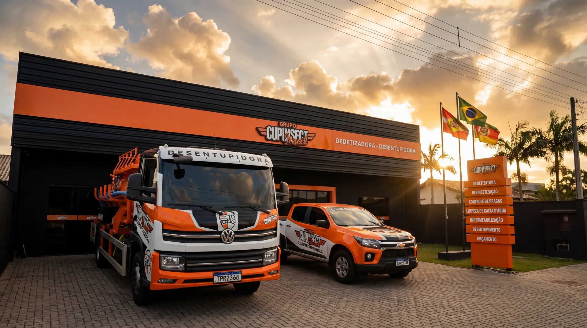 Frota e fachada da Cupinsect em Santa Catarina